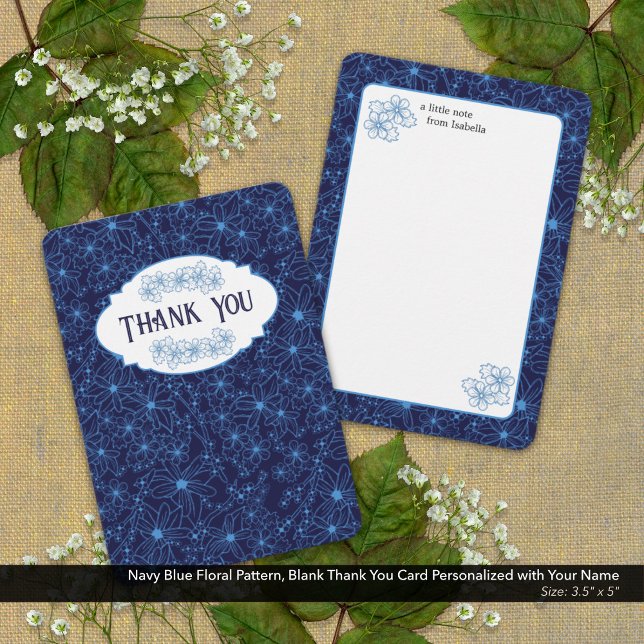 Personalised Name Navy Blue Floral Pattern, Blank Thank You Card (Navy Blue Floral Pattern, Blank Thank You Card Personalized with Your Name )