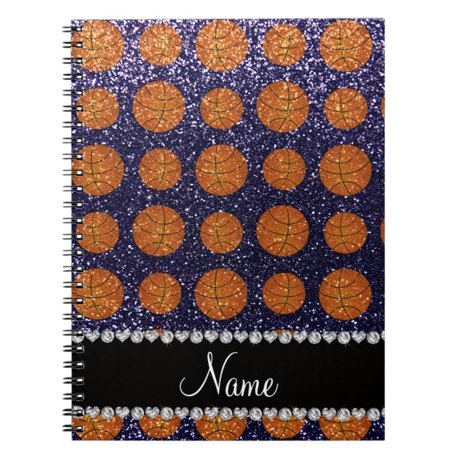 Personalised name navy blue glitter basketballs spiral notebook (Front)