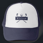 Personalised Name Navy Blue Golf Ball And Clubs Trucker Hat<br><div class="desc">Personalise the name to create a great golf gift and keepsake. Designed by Thisisnotme©</div>