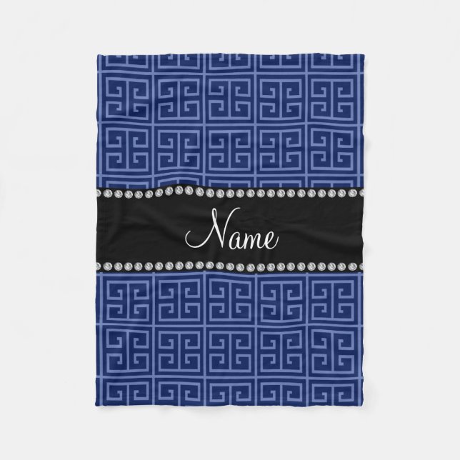 Personalised name navy blue greek key pattern fleece blanket (Front)