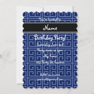 Personalised name navy blue greek key pattern invitation