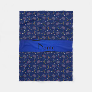 Personalised name navy blue hockey pattern fleece blanket