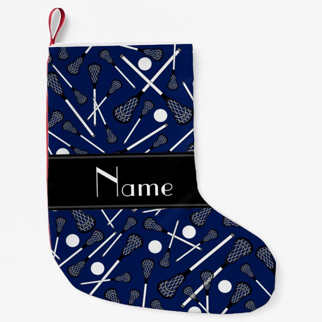 Personalised name navy blue lacrosse small christmas stocking (Front)