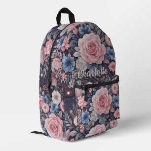 Personalised Name Navy Blue pink Glitter Flowers Printed Backpack