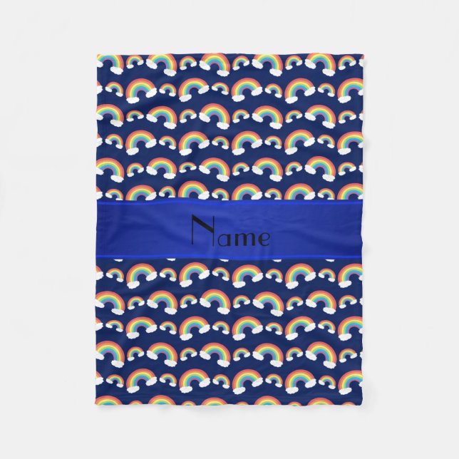 Personalised name navy blue rainbows pattern fleece blanket (Front)