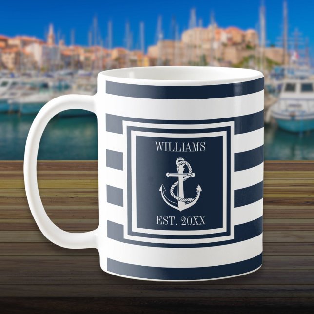 Personalised Name Navy Blue Stripe Nautical Anchor Coffee Mug (Personalized Name Navy Blue Stripe Nautical Anchor Coffee Mug)