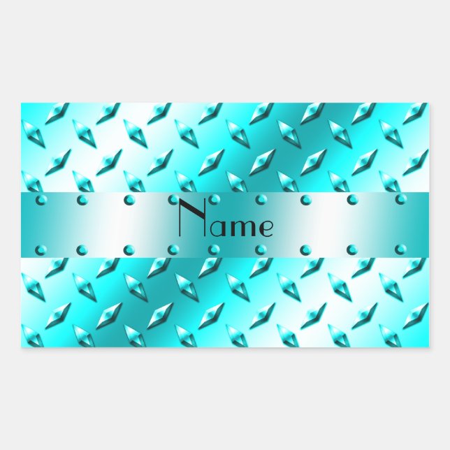 Personalised name neon blue diamond plate steel rectangular sticker (Front)