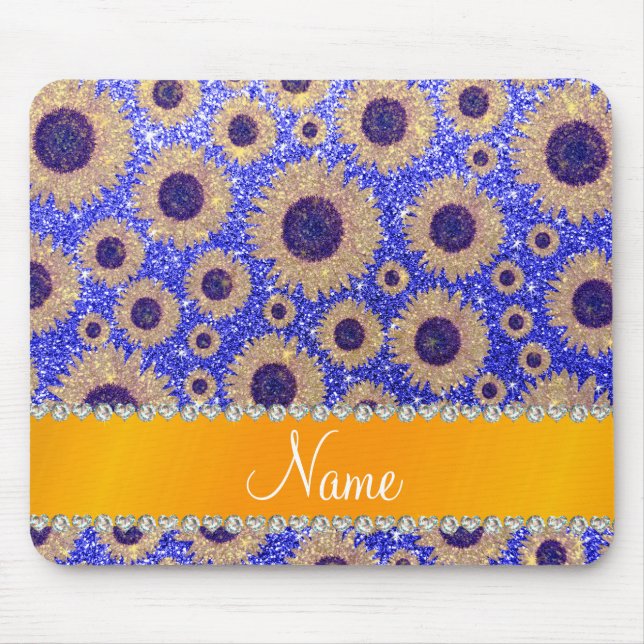 Personalised name neon blue glitter sunflowers mouse pad (Front)