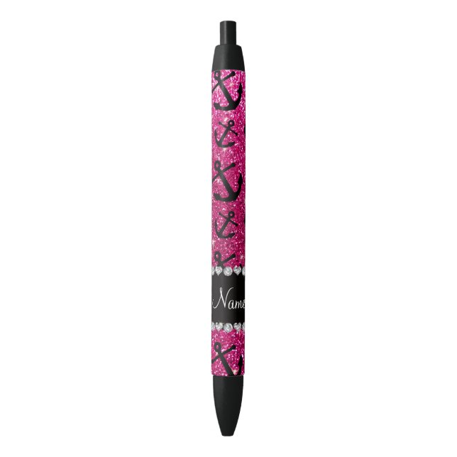 Personalised name neon hot pink glitter anchors black ink pen (Front Vertical)