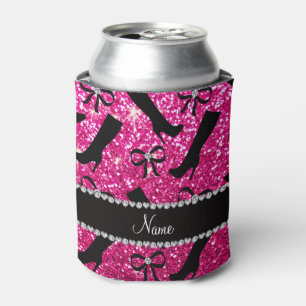 Personalised name neon hot pink glitter boots bows can cooler