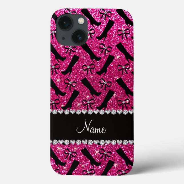 Personalised name neon hot pink glitter boots bows Case-Mate iPhone case (Back)