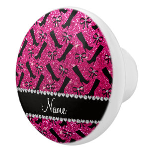 Personalised name neon hot pink glitter boots bows ceramic knob
