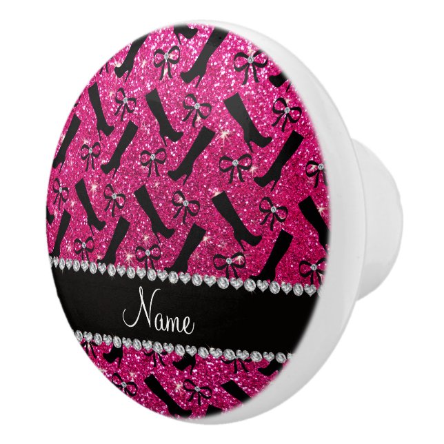 Personalised name neon hot pink glitter boots bows ceramic knob (Right)