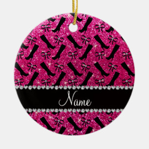 Personalised name neon hot pink glitter boots bows ceramic tree decoration