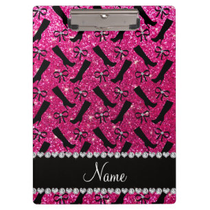 Personalised name neon hot pink glitter boots bows clipboard