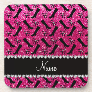 Personalised name neon hot pink glitter boots bows coaster