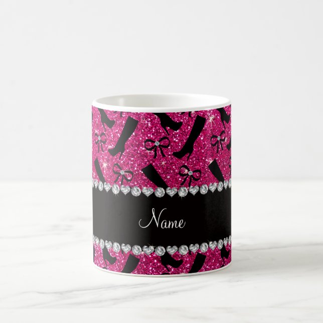 Personalised name neon hot pink glitter boots bows coffee mug (Center)