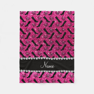 Personalised name neon hot pink glitter boots bows fleece blanket