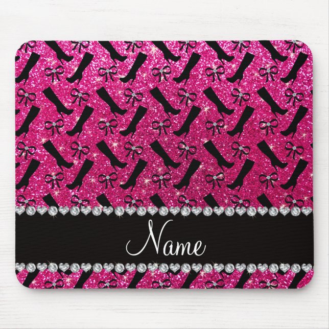 Personalised name neon hot pink glitter boots bows mouse pad (Front)