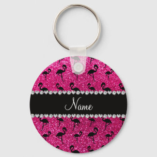 Personalised name neon hot pink glitter flamingos key ring