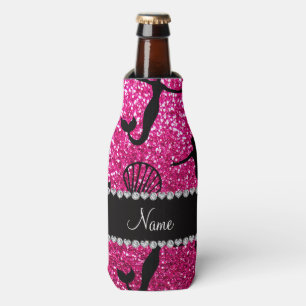 Personalised name neon hot pink glitter mermaids bottle cooler