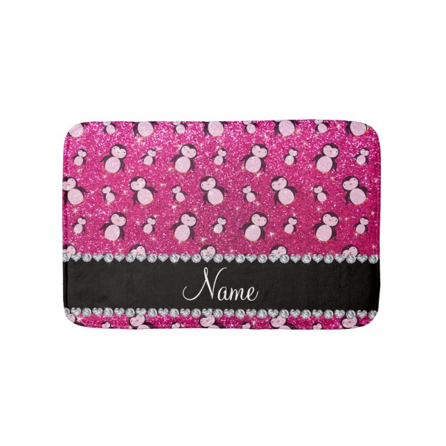 Personalised name neon hot pink glitter penguins bath mat (Front)