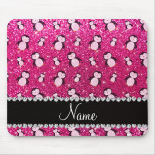 Personalised name neon hot pink glitter penguins mouse pad
