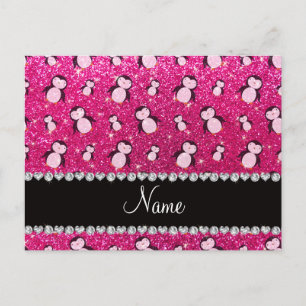 Personalised name neon hot pink glitter penguins postcard