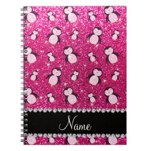 Personalised name neon hot pink glitter penguins spiral notebook