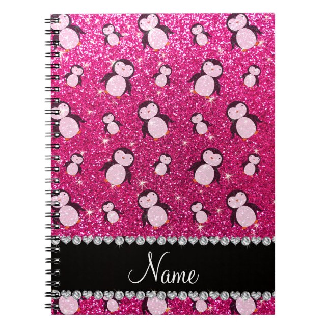 Personalised name neon hot pink glitter penguins spiral notebook (Front)