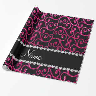Personalised name neon hot pink glitter swirls wrapping paper