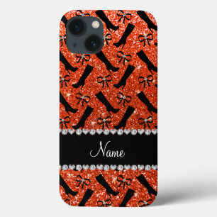 Personalised name neon orange glitter boots bows iPhone 13 case
