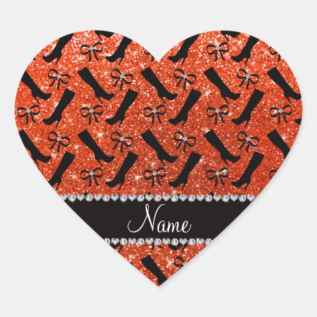 Personalised name neon orange glitter boots bows heart sticker (Front)