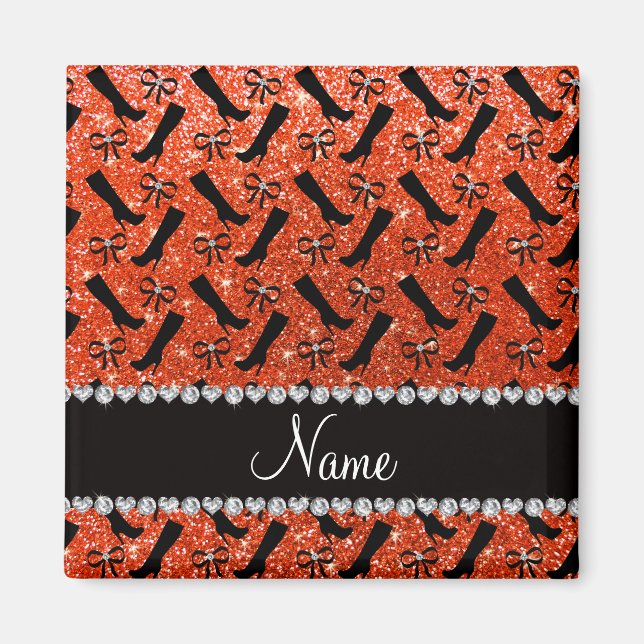 Personalised name neon orange glitter boots bows magnet (Front)