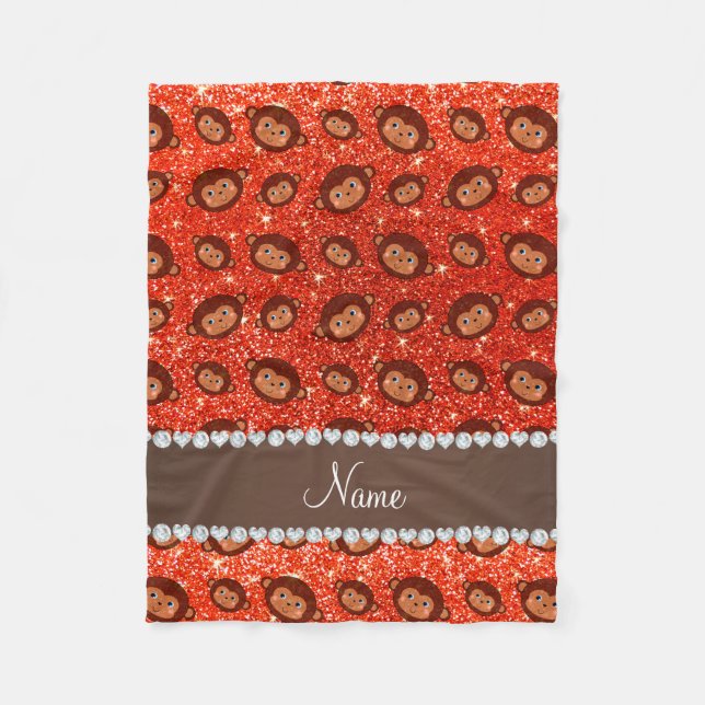 Personalised name neon orange glitter monkeys fleece blanket (Front)