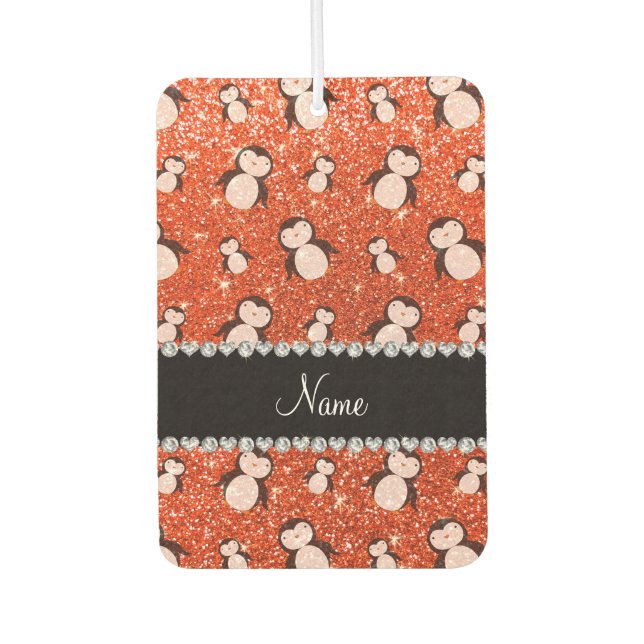Personalised name neon orange glitter penguins car air freshener (Front)