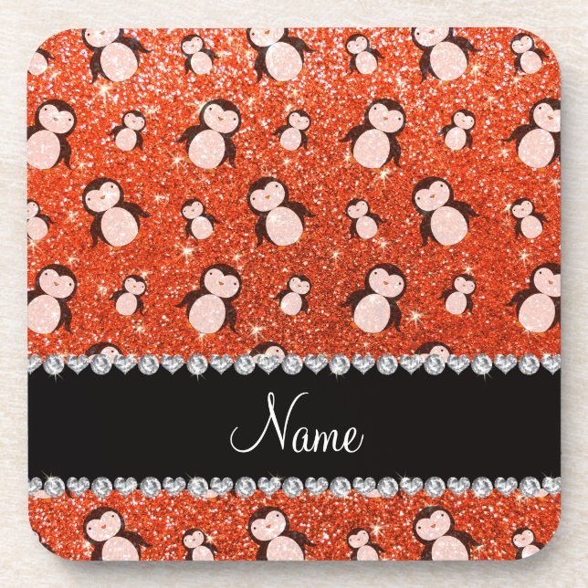 Personalised name neon orange glitter penguins coaster (Front)