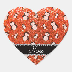Personalised name neon orange glitter penguins heart sticker