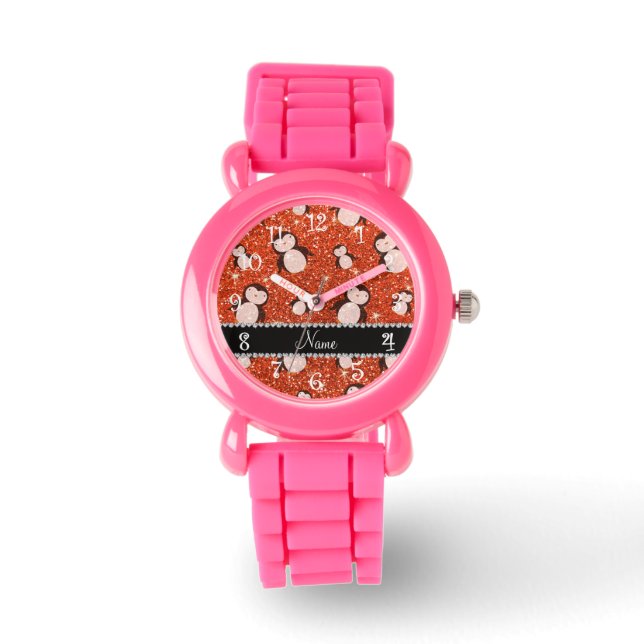 Personalised name neon orange glitter penguins watch (Front)