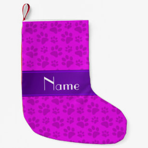 Personalised name neon pink dog paws small christmas stocking