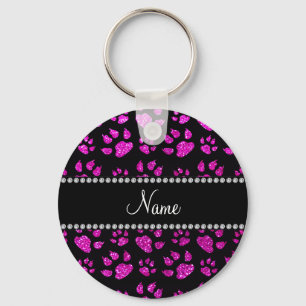 Personalised name neon pink glitter cat paws key ring