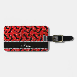 Personalised name neon red glitter boots bows luggage tag