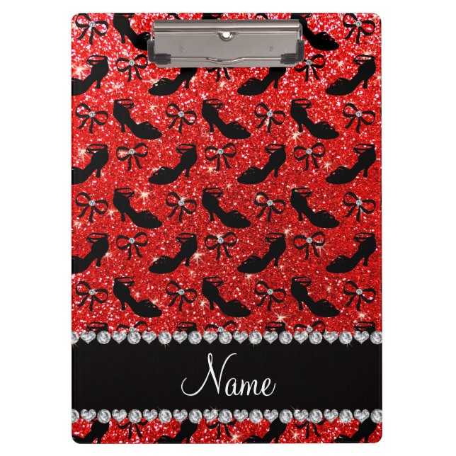 Personalised name neon red glitter fancy shoes bow clipboard (Front)