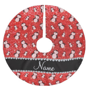 Personalised name neon red glitter penguins brushed polyester tree skirt
