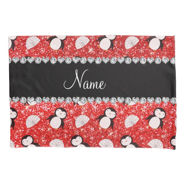 Personalised name neon red glitter penguins igloos pillowcase (Front)