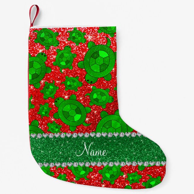Personalised name neon red glitter sea turtles small christmas stocking (Front)