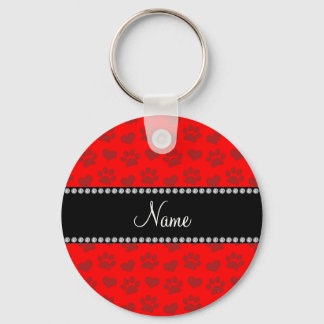 Personalised name neon red hearts and paw prints key ring