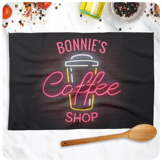 Personalised NAME Neon Style Coffee Shop Custom Tea Towel (Creator Uploaded)