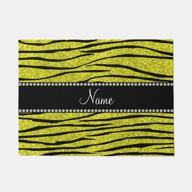 Personalised name neon yellow glitter zebra stripe doormat (Front)