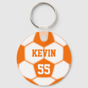 Personalised Name Number Orange Soccer Ball Key Ring